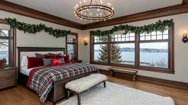 Enjoy a cozy winter bedroom makeover featuring festive decor, a warm atmosphere, and a lovely winter view outside