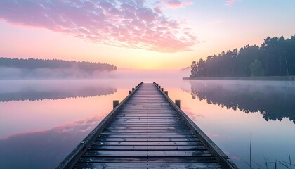 Fototapeta premium Wooden Pier Stretching Into Calm Lake at Sunrise with Pink and Orange Sky and Misty Forest Background