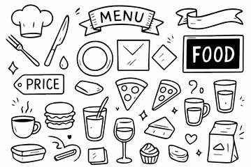 Hand-drawn doodle vector collection of Food Branding & Menu Elements, created in a playful hand-drawn doodle style with clean black outlines, isolated on white background
