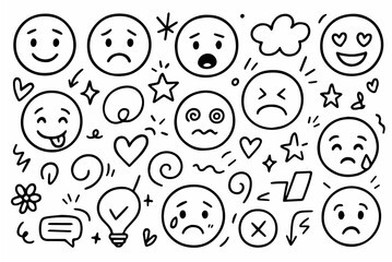 Hand-drawn doodle vector collection of Emotive Faces & Fun Sketch Symbols, created in a playful hand-drawn doodle style with expressive black outlines, isolated on white background
