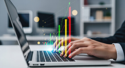 Business Growth Analysis on Laptop Keyboard A Close Up View of Financial Data and Investment Trends for Strategic Planning and Economic Development in the Digital Age