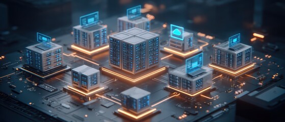 Intricate digital circuitry with glowing servers and interconnected data processing units representing advanced technology and network infrastructure