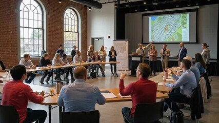 Diverse group of business people attend a professional conference presentation in a modern bright meeting room with a large screen displaying a map