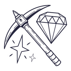 Line art illustration of a pickaxe and a diamond, representing mining and the pursuit of valuable resources