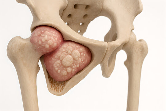 Photorealistic 3D chondrosarcoma, pelvis/acetabulum cutaway showing lobulated cartilaginous mass with &ldquo;rings-and-arcs&rdquo; calcification (stippling), endosteal scalloping and cortical expansion