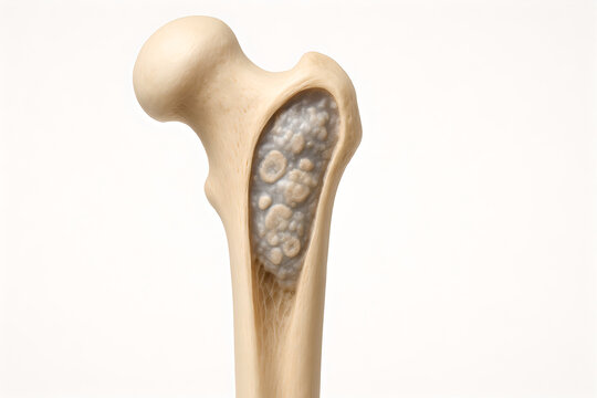 Photorealistic 3D chondrosarcoma, pelvis/acetabulum cutaway showing lobulated cartilaginous mass with &ldquo;rings-and-arcs&rdquo; calcification (stippling), endosteal scalloping and cortical expansion