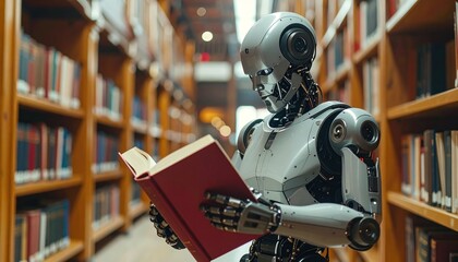 Fototapeta premium A black robotic cyborg head with a white mask sits on old books in a futuristic library, isolated against a metal and artificial background