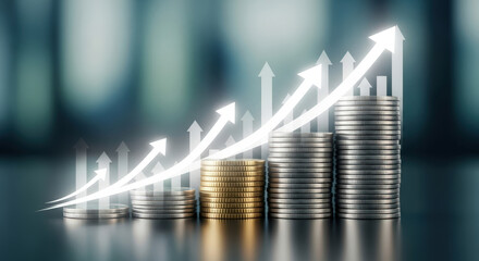 Ascending Stacks of Coins with Upward Arrows, Illustrating Financial Growth, Investment Returns, and Economic Development on a Reflective Surface with Blurred Background