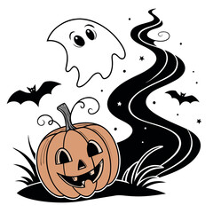 Cute halloween illustration featuring a pumpkin, ghost, bats, and a spooky path