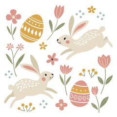 Cute bunnies with easter eggs and flowers for holiday decoration