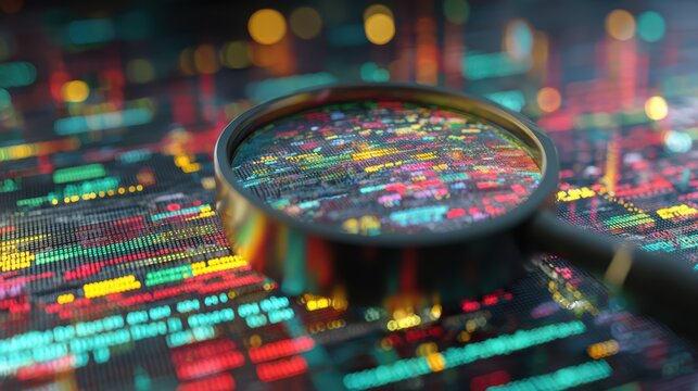 Close-up of a magnifying glass examining a colorful digital circuit board with vibrant lights and electronic components, high detail - Powered by Adobe