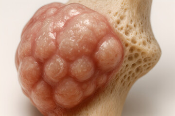 Photorealistic 3D chondrosarcoma, pelvis/acetabulum cutaway showing lobulated cartilaginous mass with “rings-and-arcs” calcification (stippling), endosteal scalloping and cortical expansion