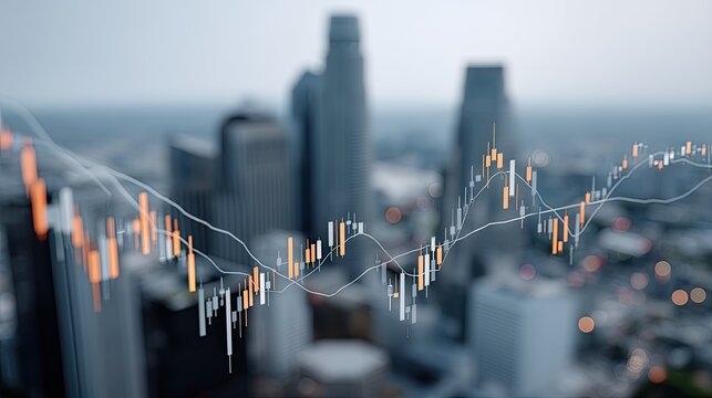 Urban cityscape at twilight showing financial market trends with charts displaying rising and falling indicators, creating a vibrant scene