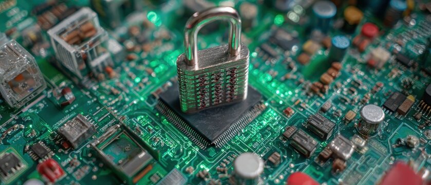 Close-up of a green printed circuit board with a silver padlock symbolizing cybersecurity and data protection in technology systems