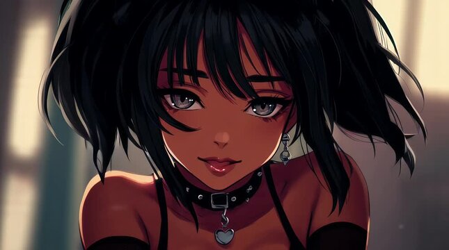 Animated Cute Curly Black Anime Girl Smiling and Talking on Colorful Background