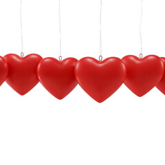 Row of glossy red hearts suspended on strings symbolizing love and romance isolated on transparent background