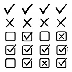 Hand-drawn doodle vector set of check marks, colorful crosses, and tick boxes, created in a casual sketchy playful style, isolated on white background  © Creative Lab