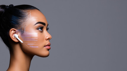 Person wearing earbuds with floating holographic text translations, AI speech recognition concept, modern minimal style