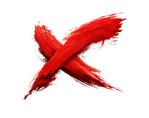 Red 'x' mark symbol painted with textured brush strokes, representing cancellation, error, deletion, refusal, prohibition, and warning.