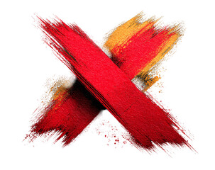 Abstract red and gold brush stroke 'x' mark, textured artistic design representing cancellation, error, or negation concept.