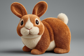 Adorable brown and white cartoon bunny with fluffy tail on grey background