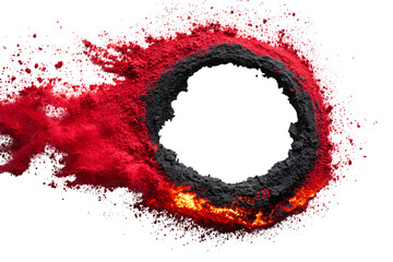 Explosive abstract ring of dark volcanic ash with bursting crimson particles and glowing molten core, creating an intense energy blast.