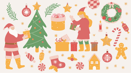 Fototapeta premium Illustration of santa claus, christmas tree, elf, and various christmas themed decorations and objects silhouette