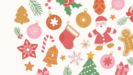 Fototapeta premium Christmas themed pattern with santa claus gingerbread man ornaments and christmas tree decoration elements silhouette