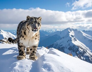 A snow leopard stands on a snowy ridge, mountains in the backdrop
