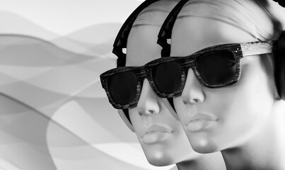 Two mannequin heads wearing headphones and dark sunglasses on an abstract wavy background, representing music, technology, or modern lifestyle