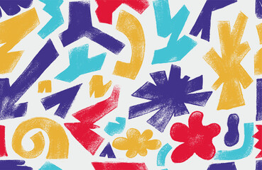 Seamless pattern with funky abstract geometric shapes and crayon-drawn icons. Colorful retro doodle figures, clouds, spirals, zigzags and playful primitive elements in fun childish artistic style.