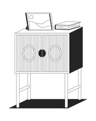 Stylish wooden nightstand with photo frame and book 2D line object. Modern cabinet with ribbed detailing. Bedroom furniture isolated clipart vector ink outline item. Monochrome spot illustration