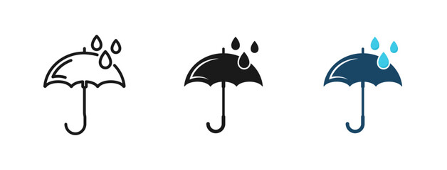 Umbrella icon set. Open umbrella, protect from rainy weather in autumn, summer, spring. Protection parasol symbol. Rain weather signs. Season symbols. Rainy icons. Line, glyph and flat style. Vector