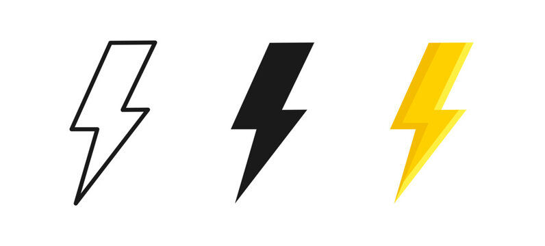 Lightning icon set. Flash symbol, lightning, lightning blitz strike sign. Power icon. Design element for website. Electric energy black silhouettes, power concept. Glyph, outline, and pop art style.
