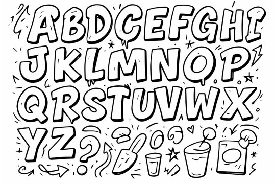 Hand-drawn graffiti-style alphabet doodle vector collection (A–Z) in a raw expressive sketchy style, isolated on white background
