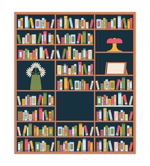 Large wooden bookshelf with retro decor items 2D cartoon object. Home library. Hardcover novels, daisies vase, photo frame, lamp isolated element flat vector clip art on white. Spot illustration