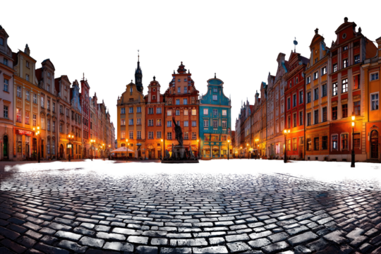 Colorful European city square at night.  Buildings in various shades of warm color, lit by streetlamps.  Cobblestone ground.  Slight motion blur