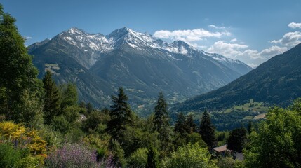 Obraz premium Majestic mountain landscape revealing vibrant flora and tranquil valleys under a bright blue sky