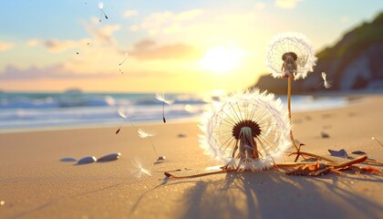 Two Dandelions On A Sandy Beach At Sunrise With The Sun Setting Over The Ocean Water And Soft Waves
