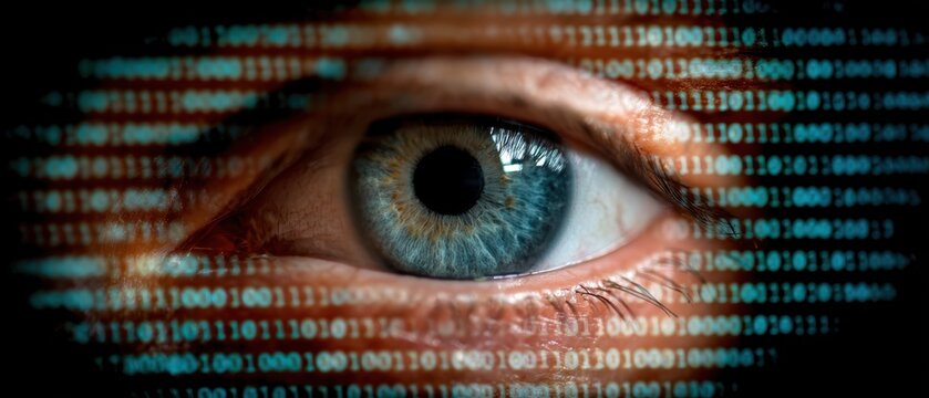 Close-up of detailed blue human eye surrounded by binary code representing cybersecurity or digital technology concepts
