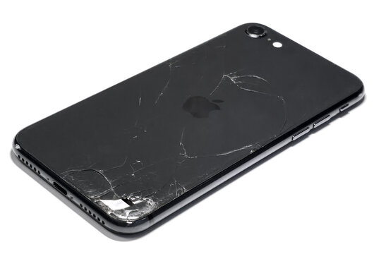 Broken iPhone Back with Shattered Glass and Apple Logo isolated