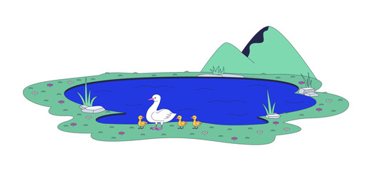 Duck and ducklings walking near pond 2D vector illustration. Mother goose goslings free range. Wild birds by lake mountain landscape flat scene isolated on white background. Colorful cartoon image