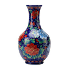 Exquisite blue porcelain vase adorned with vibrant floral motifs isolated on transparent background