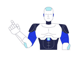 Smiling robot gesturing upward with finger 2D cartoon character. Technology mascot. Helpful guide. Robotic humanoid pointing up flat vector personage isolated on white. Spot illustration colorful