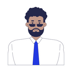 Bearded black man with sunglasses and tie 2D avatar human face. Corporate african american male office worker in glasses cartoon illustration character portrait isolated. Flat user profile color image