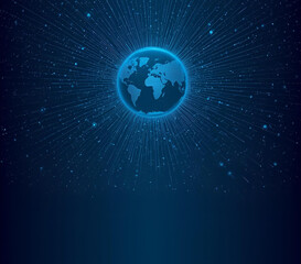 Global connections blue banner with digital globe, circular scan rings, and copy space