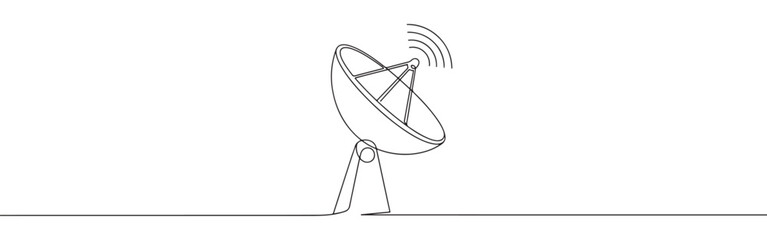 Continuous line drawing of a satellite dish, symbolizing communication and broadcast technology, isolated on a white background.