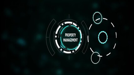 Futuristic hud interface displaying property management text with glowing blue accents , Futuristic property management and real estate technology, Digital HUD interface and business innovation.