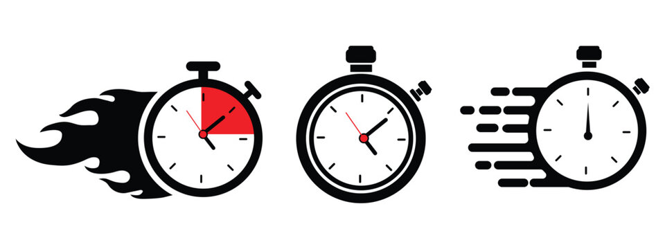 A fast time logo featuring a stopwatch, representing a speed concept for quick delivery, express, and urgent services. This vector line icon illustrates deadlines and delays