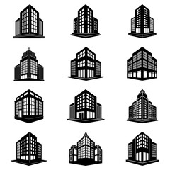 Fototapeta premium Collection of twelve modern building icons, ideal for real estate, architecture, and urban development projects, showcasing simple yet elegant designs